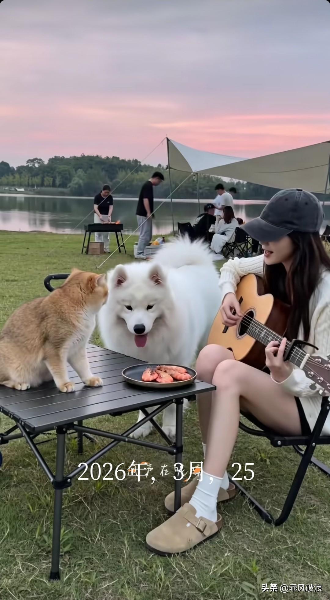 今天阳光明媚，带着心爱的狗狗和猫咪，在野外吃烧烤，不知不觉地渡过了一天。