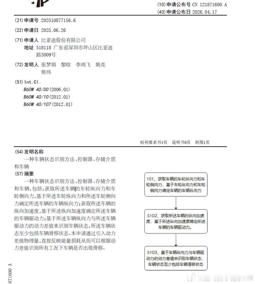 技术巡猎 比亚迪 一种车辆状态识别方法、控制器、存储介质和车辆。“打滑识别”，这