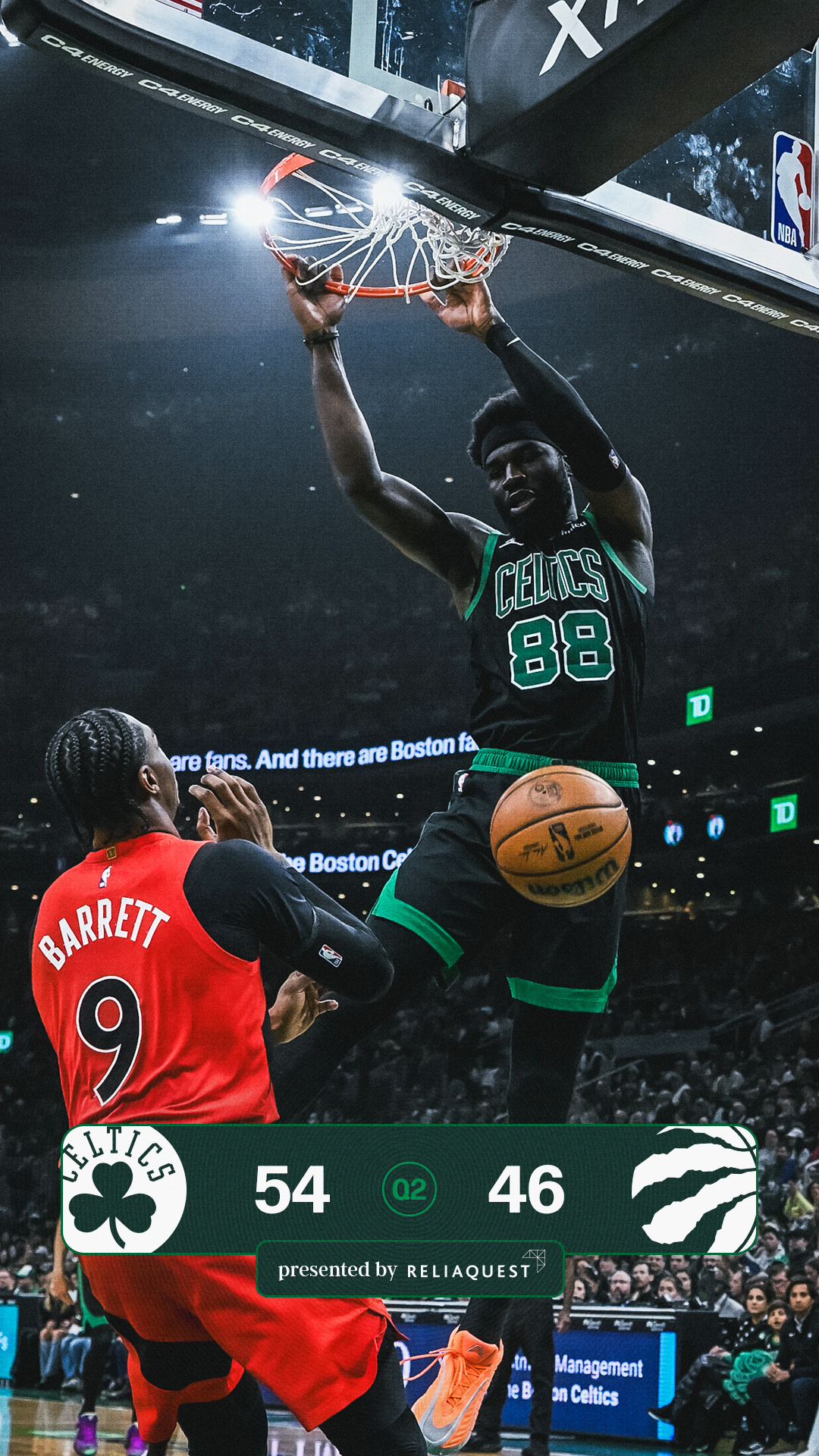 半场结束，我们 54 - 46领先猛龙8分啦！☘️克塔16分5篮板1助攻☘️布朗