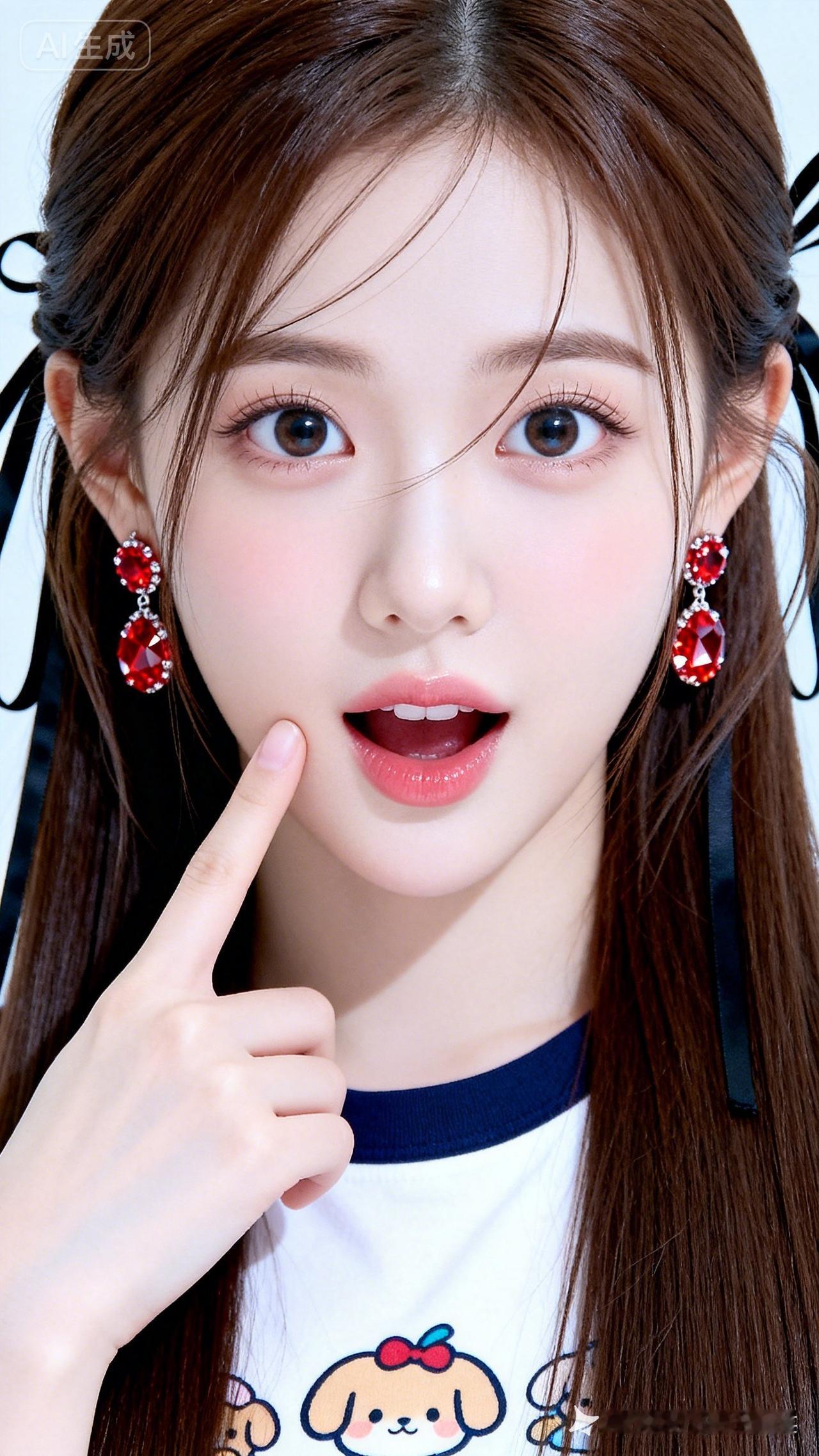 呆萌清纯少女，冷白皮细腻透亮，千金温婉气质。棕调蓬松长发柔顺垂肩，红水钻耳饰精致