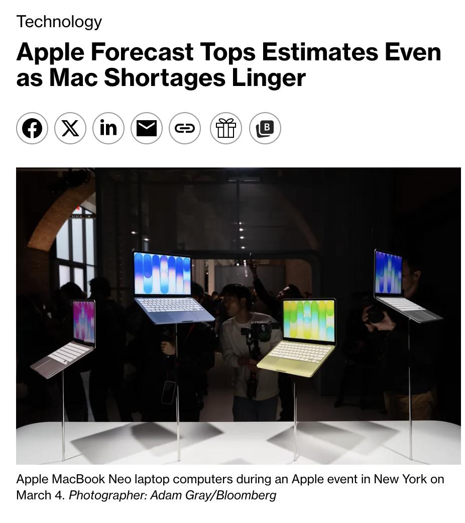 外媒：苹果第二财季业绩超预期，iPhone和Mac需求推动收入增长，但公司警告M