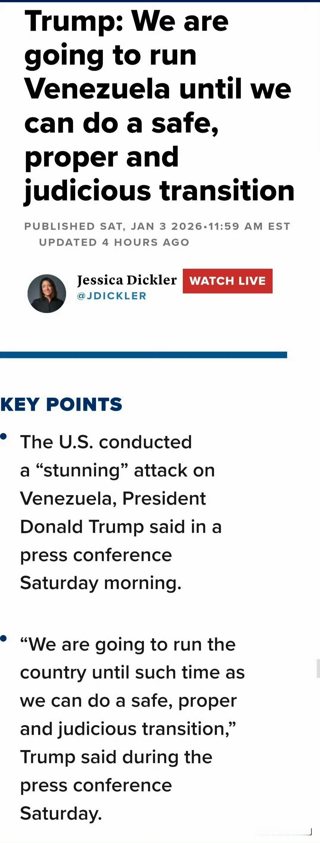 美媒CNBC的报道中，特朗普说，美国将接管委内瑞拉直到他认为完全满足和满意。。