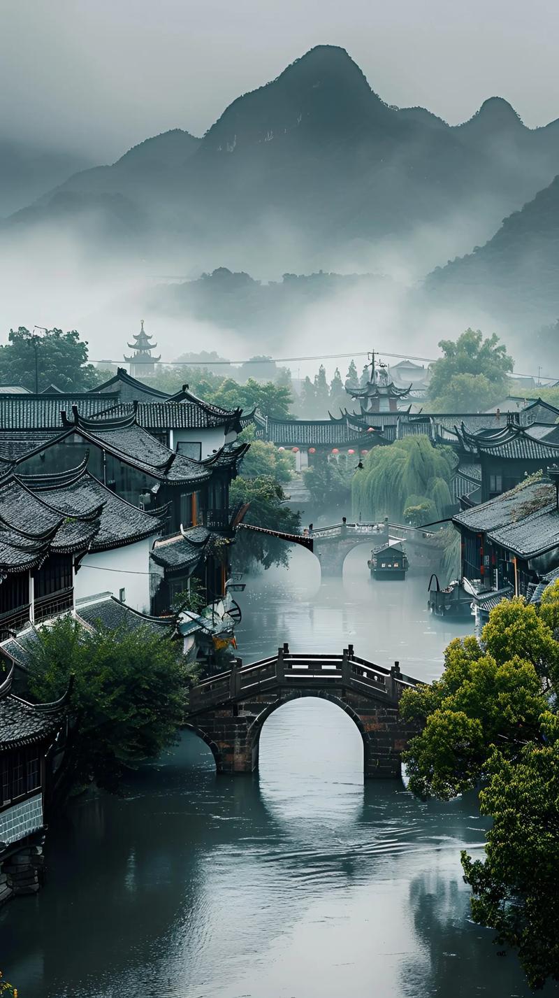 上联：？？
下联：水墨江南烟雨村。