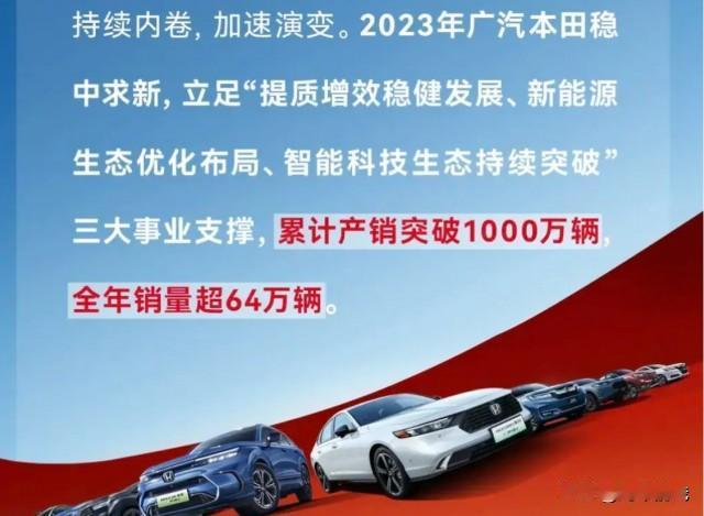 日前，广汽本田公布的汽车销量数据显示，2023年全年广汽本田累计销量超过64万辆
