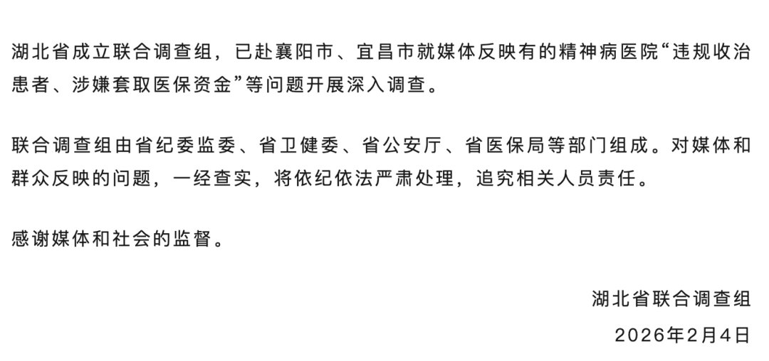 湖北成立联合调查组赴襄阳宜昌据“湖北发布”，湖北省成立联合调查组，已赴襄阳市、宜