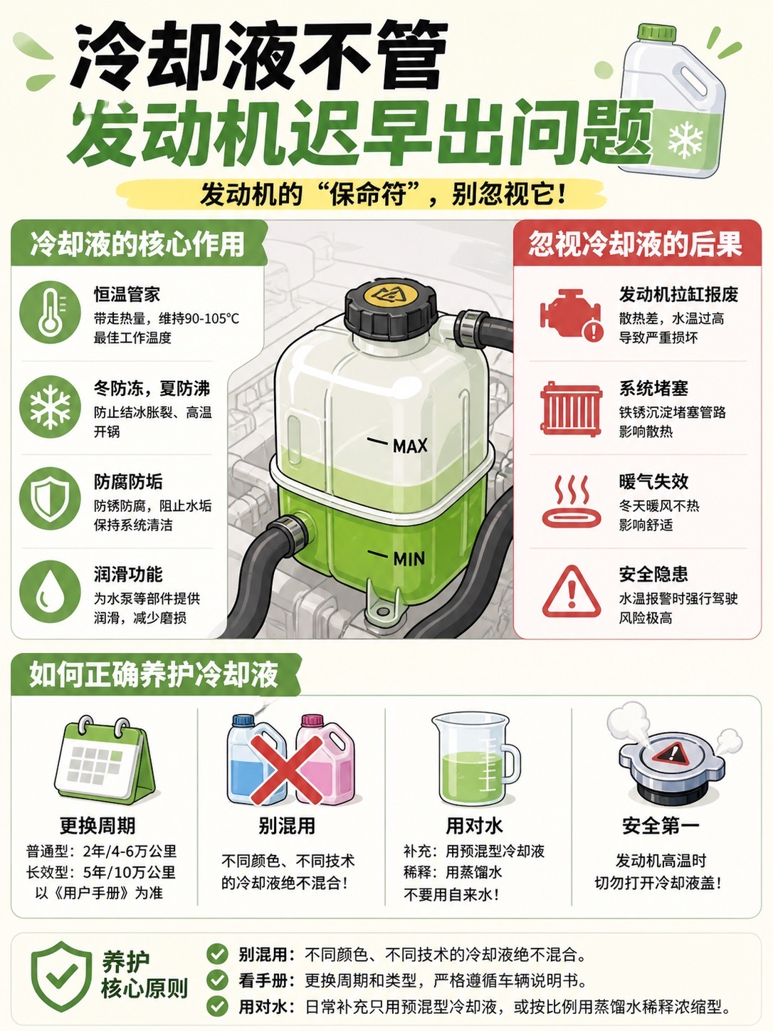 很多车主都忽略了冷却液的养护，它可是发动机的保命符。冷却液不仅能控温、冬防冻夏防