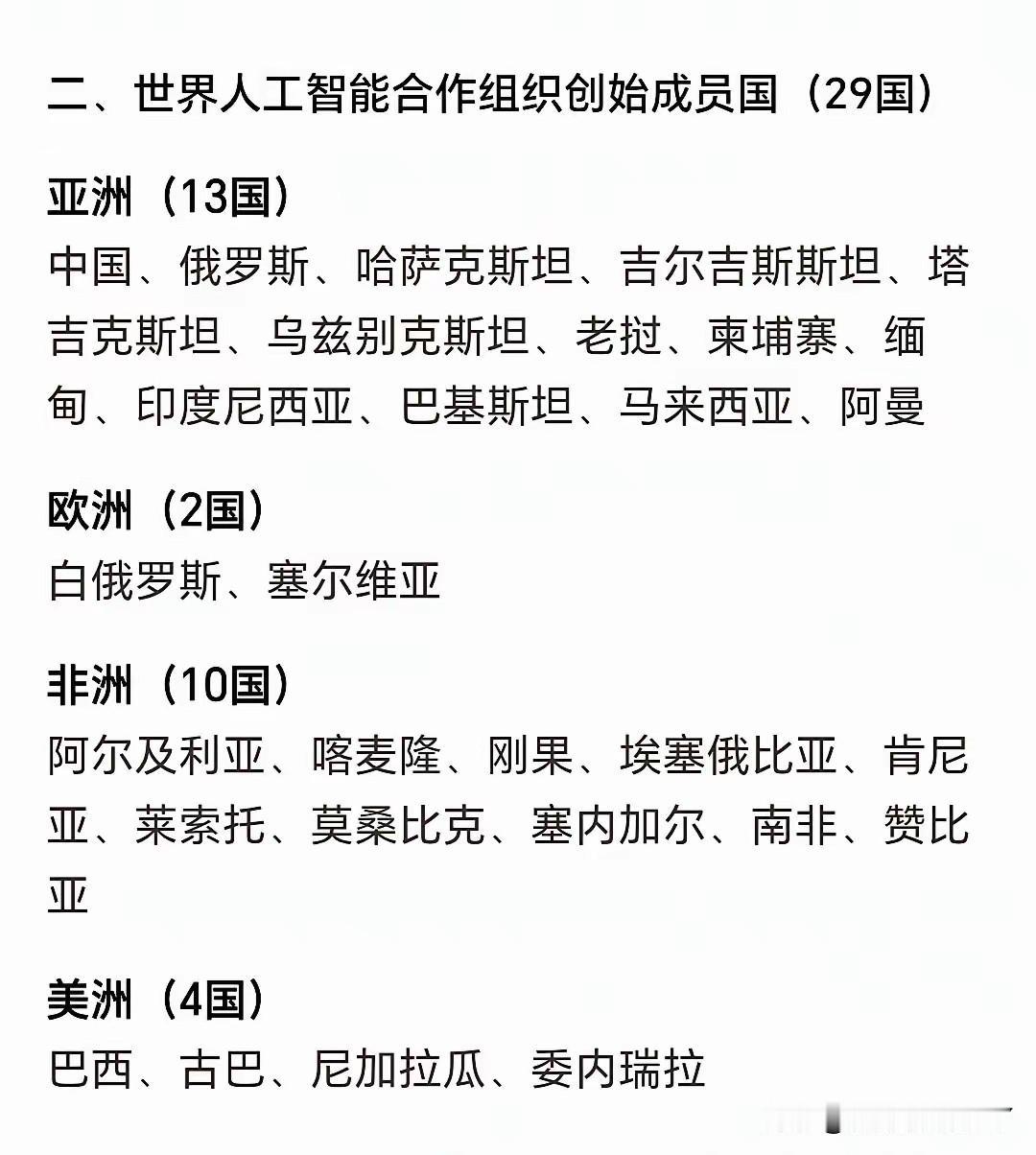 世界人工智能合作组织创始成员国有29个，人工智能也是大势所趋，虽然有29个，以后
