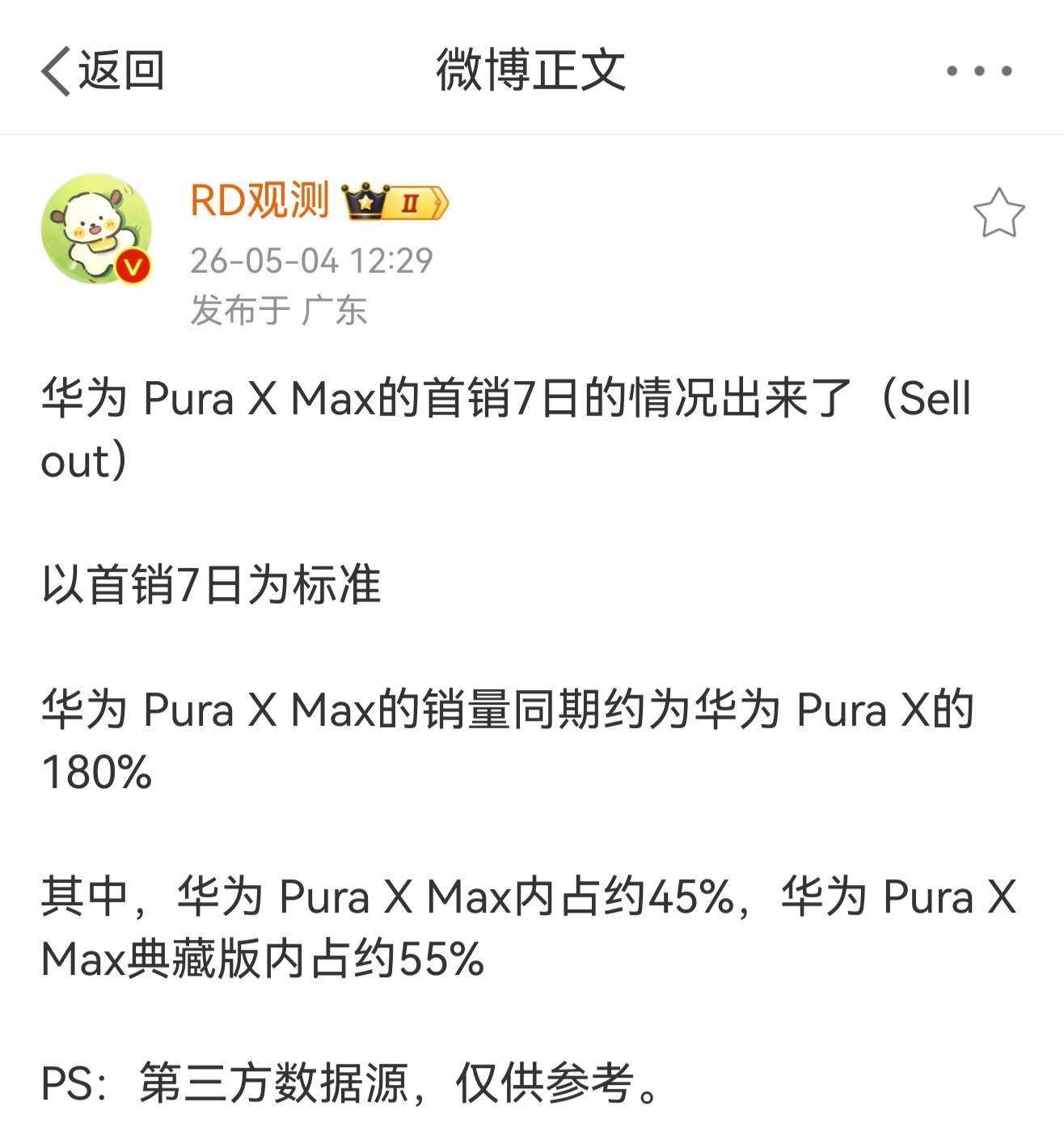 华为 Pura X Max的销量来了！同期约为华为 Pura X的180%！ 