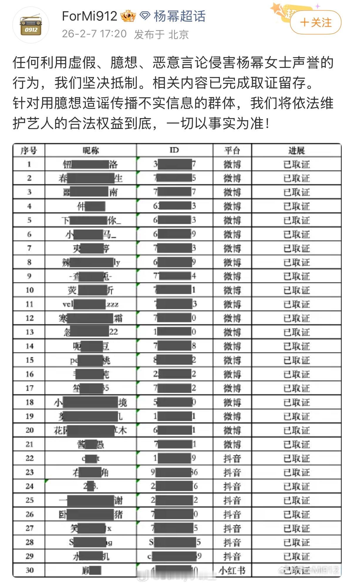 杨幂对接发布告黑名单，相关内容已完成取证留存！ 