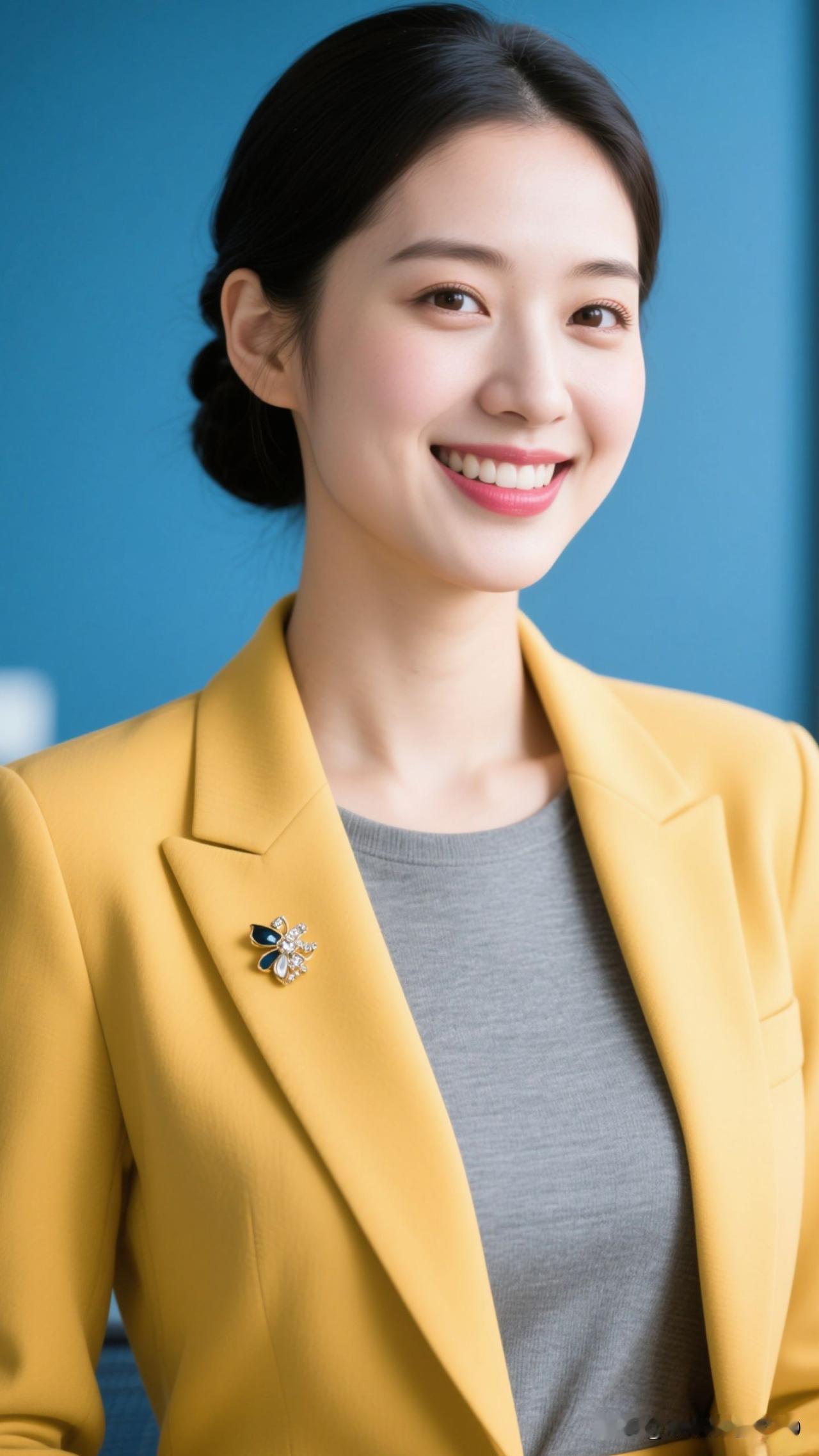 🌼 明黄西装裁作晴朗的诗，胸针缀成春光的注脚，笑起来时，连空气都浸着治愈的甜。
