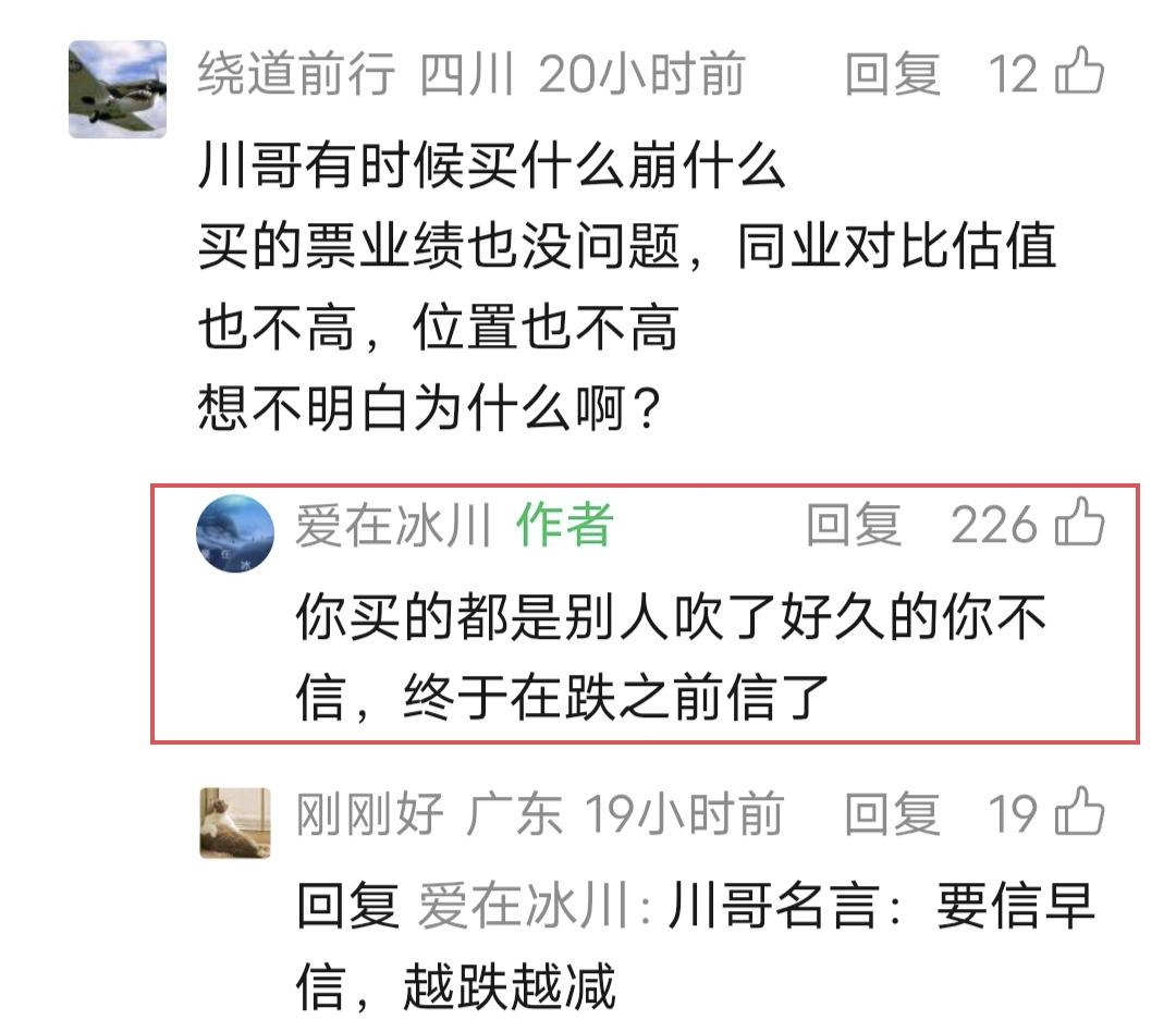 爱在冰川留言：你买的都是别人吹了好久的你不信，终于在跌之前信了！