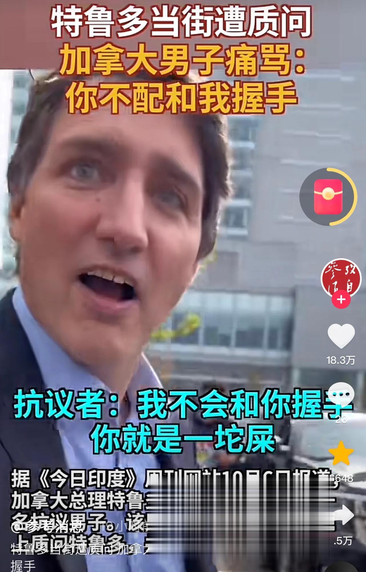 加拿大总理特鲁多被痛骂、质问。
特鲁多走在加拿大多伦多街头，想秀一下亲民，就与民