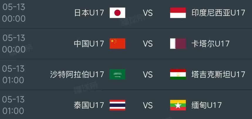 北京时间5月13日，U17亚洲杯进入小组赛第三轮的较量：

00：00，日本VS