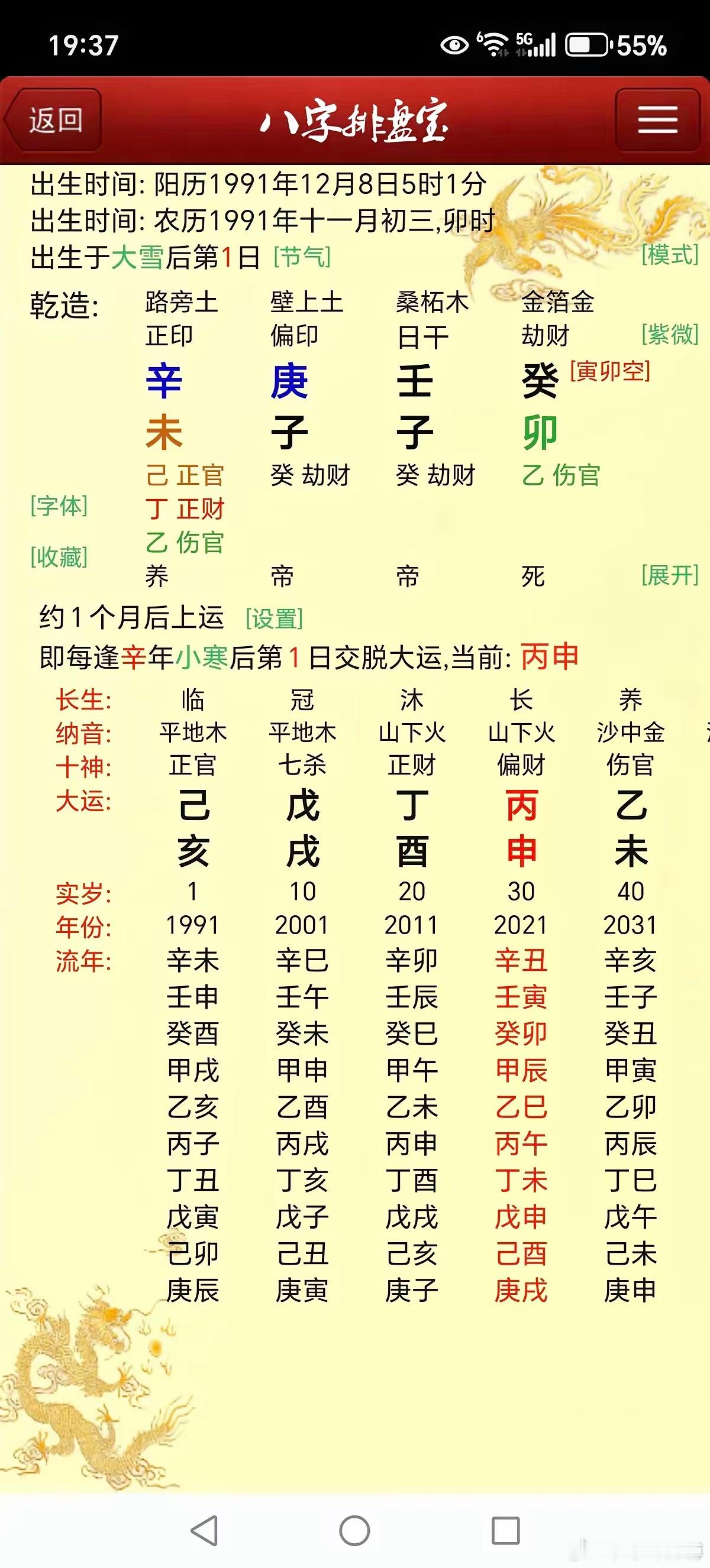 大运干支分开看，上下五年分。命主中专毕业，然后美发店学徒，13年开始合伙开店14