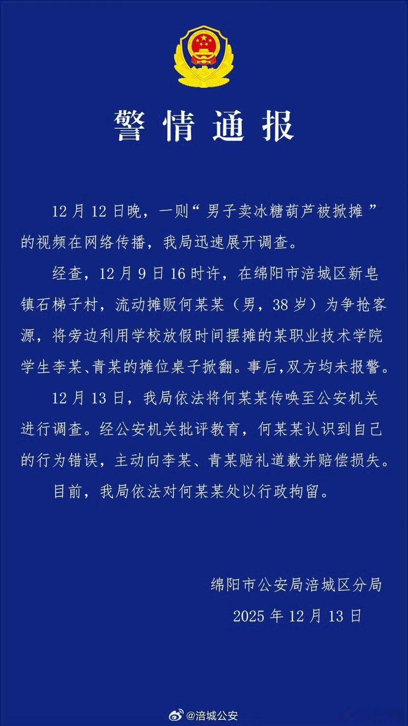 警方通报男子卖冰糖葫芦被掀摊男子掀翻2学生卖糖葫芦摊位被行拘】2学生摆摊卖糖葫芦