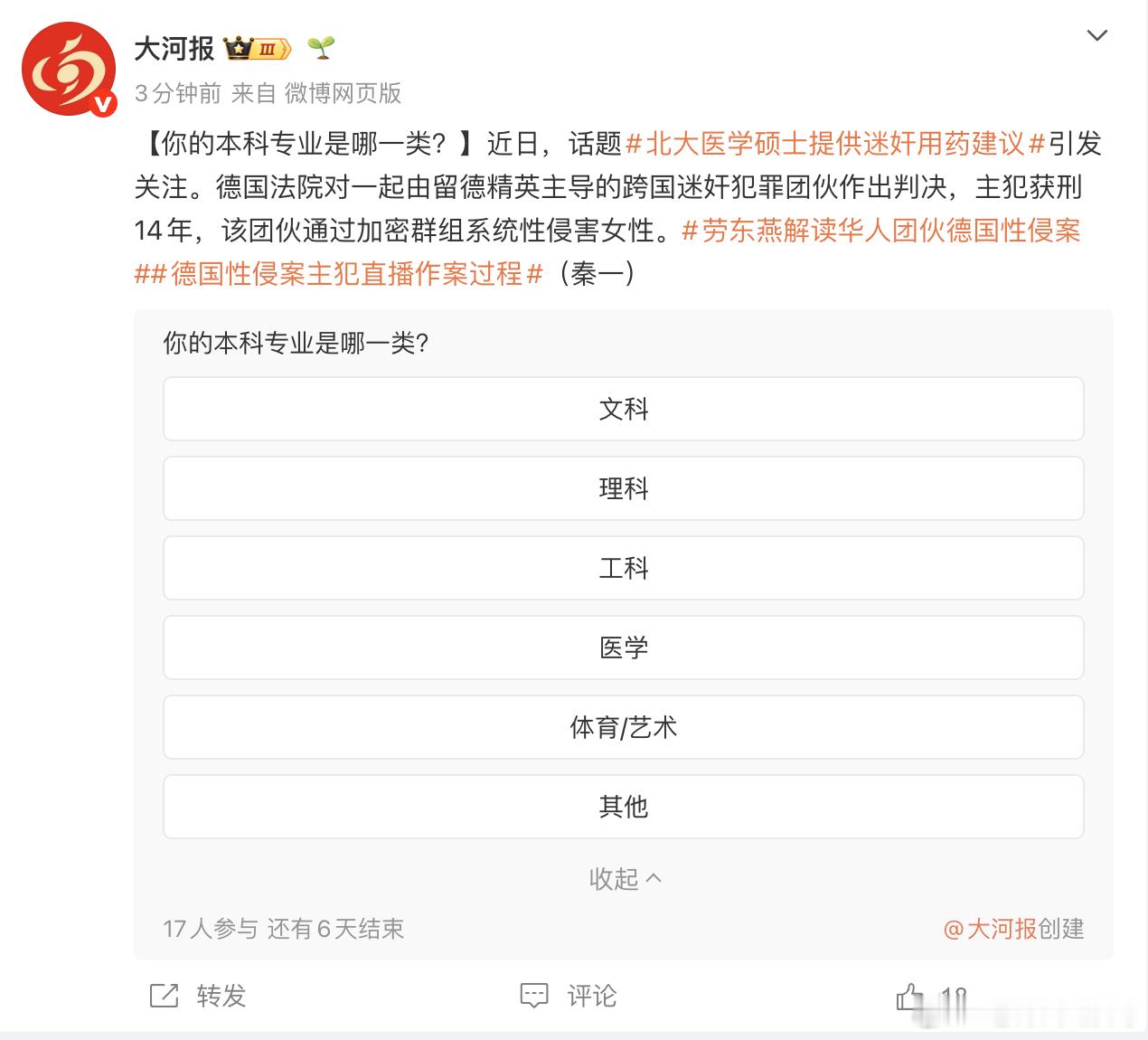 北大医学硕士提供迷奸用药建议我不太明白这个投票的意思，这事儿跟网友的本科专业是哪