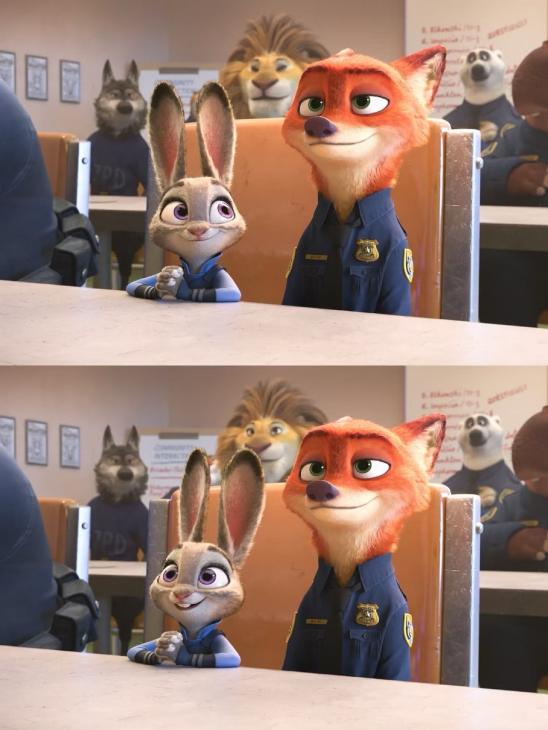 朱迪挽着尼克的臂弯，整理领结的温柔模样，转圈圈的默契互动，闪光灯下满是氛围感，这