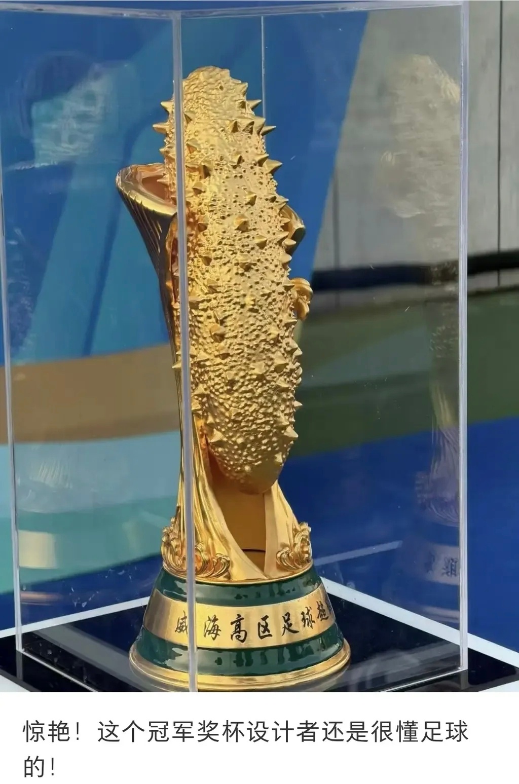 近日，威海高区首届足球超级联赛颁出冠军奖杯，是一根通体“金灿灿”的海参造型，官方