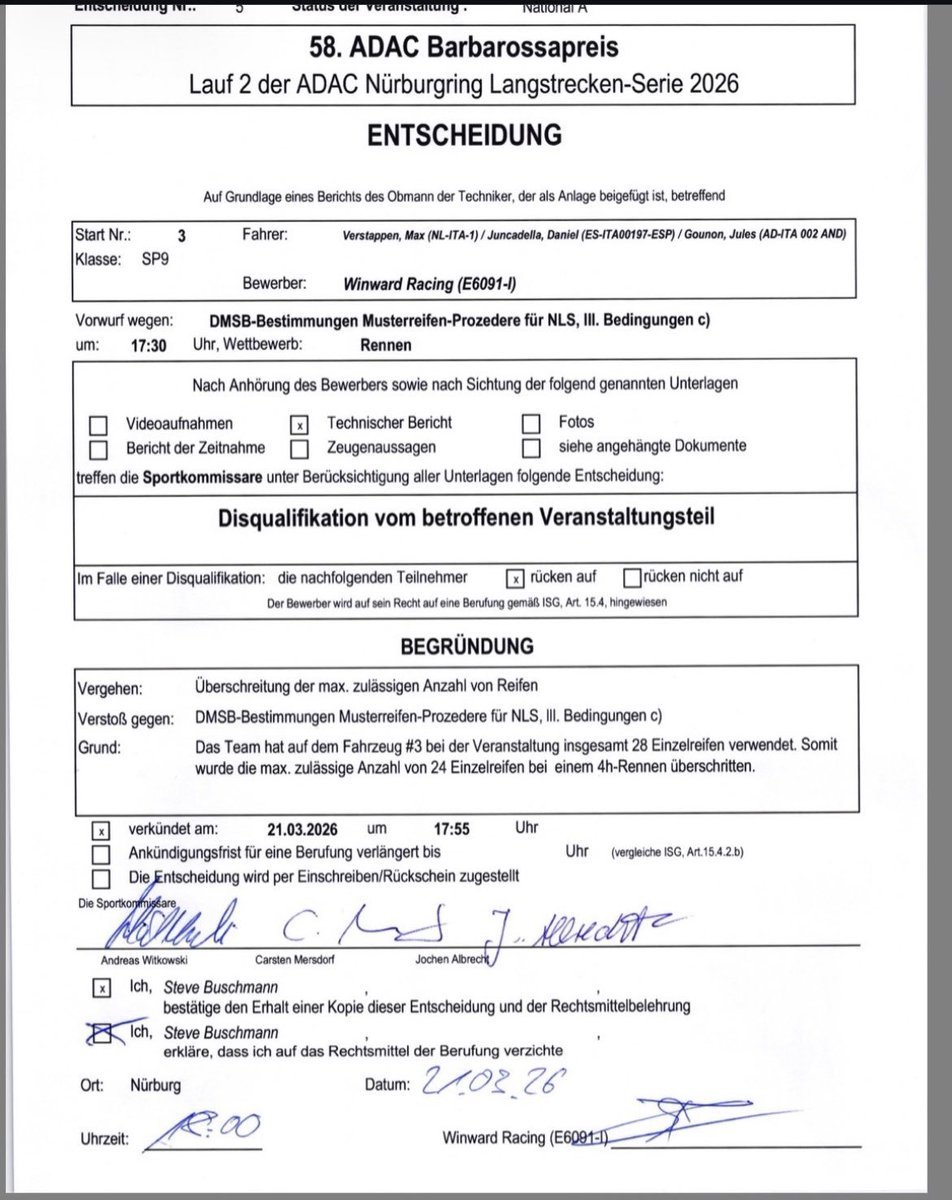 【就在刚刚】维斯塔潘参加的纽博格林四小时耐力赛（NLS）夺冠后，被取消成绩维斯塔