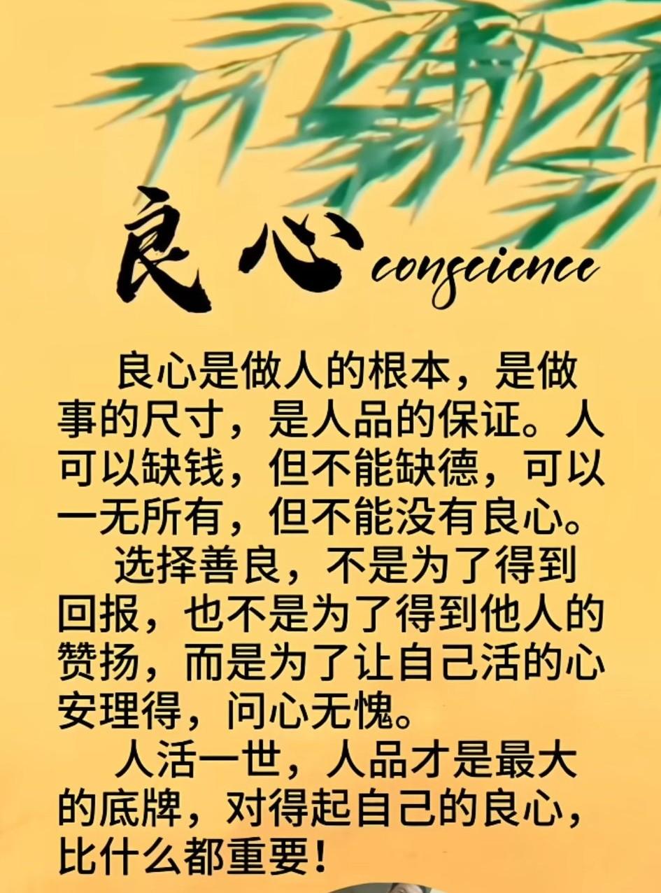 良心是心灵的指南针, 始终向善；良心是行为的压舱石, 永不动摇。
良心是灵魂的声