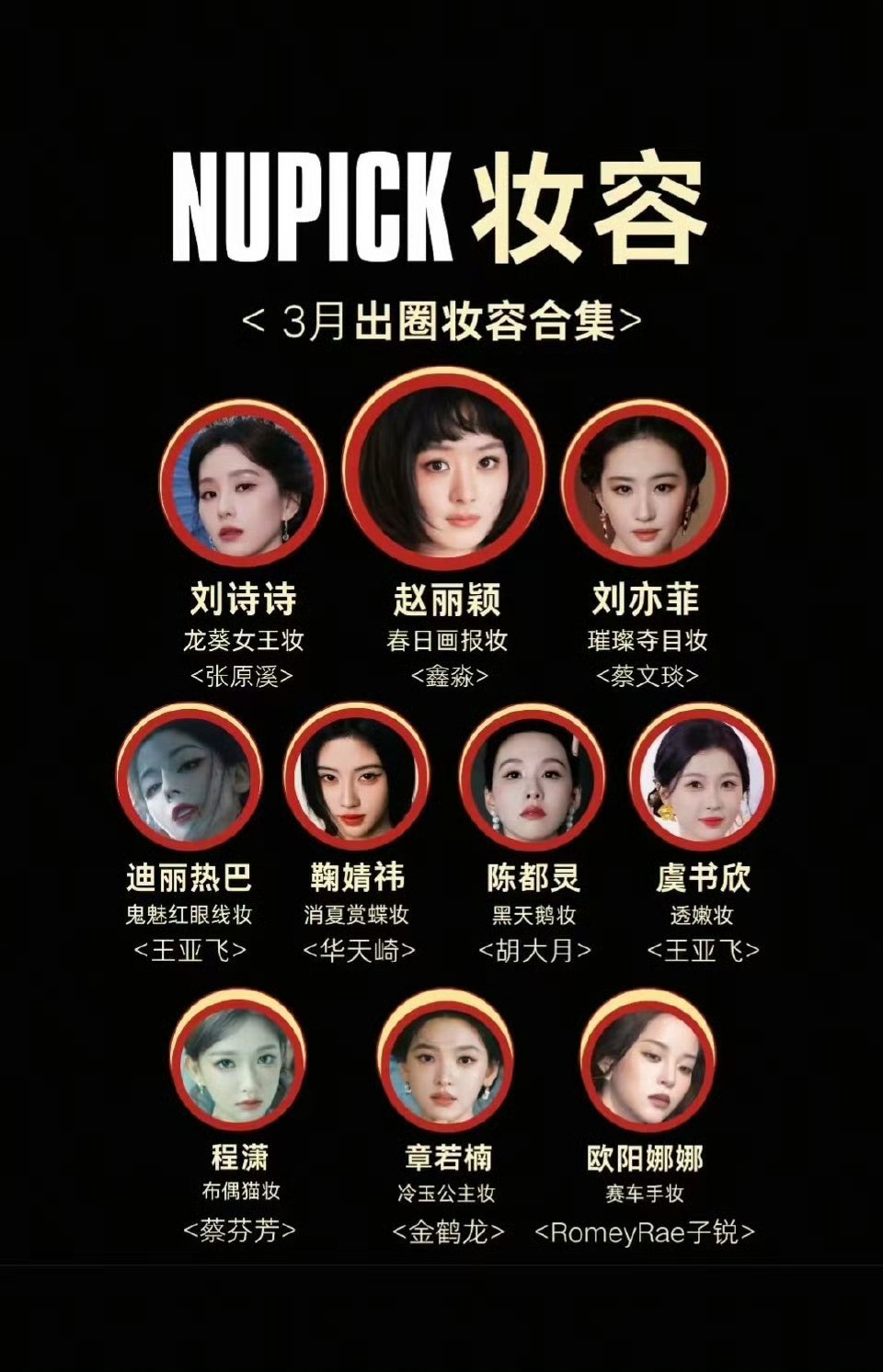 NUPICK三月出圈妆容，你最pick谁呢赵丽颖、刘诗诗、刘亦菲、迪丽热巴、鞠婧