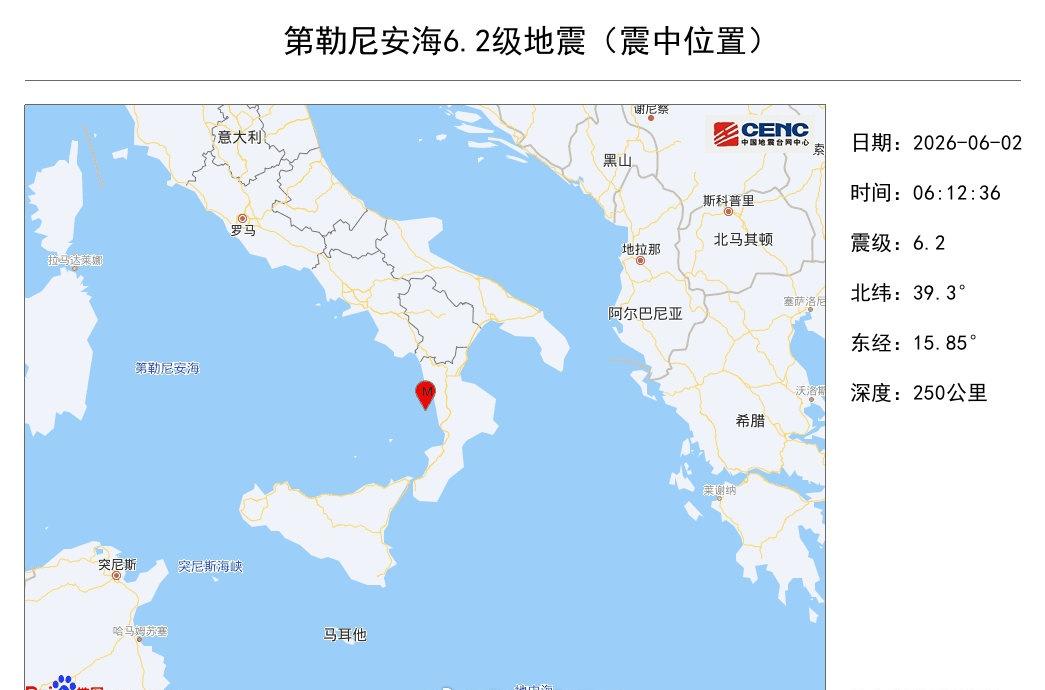 据中国地震台网正式测定，6月2日6时12分在第勒尼安海发生6.2级地震，震源深度