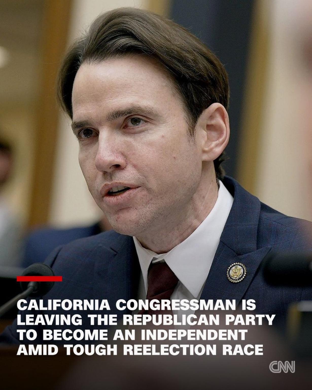 美国众议员凯文·基利Kevin Kiley宣布立即退出共和党，成为美国众议院唯一