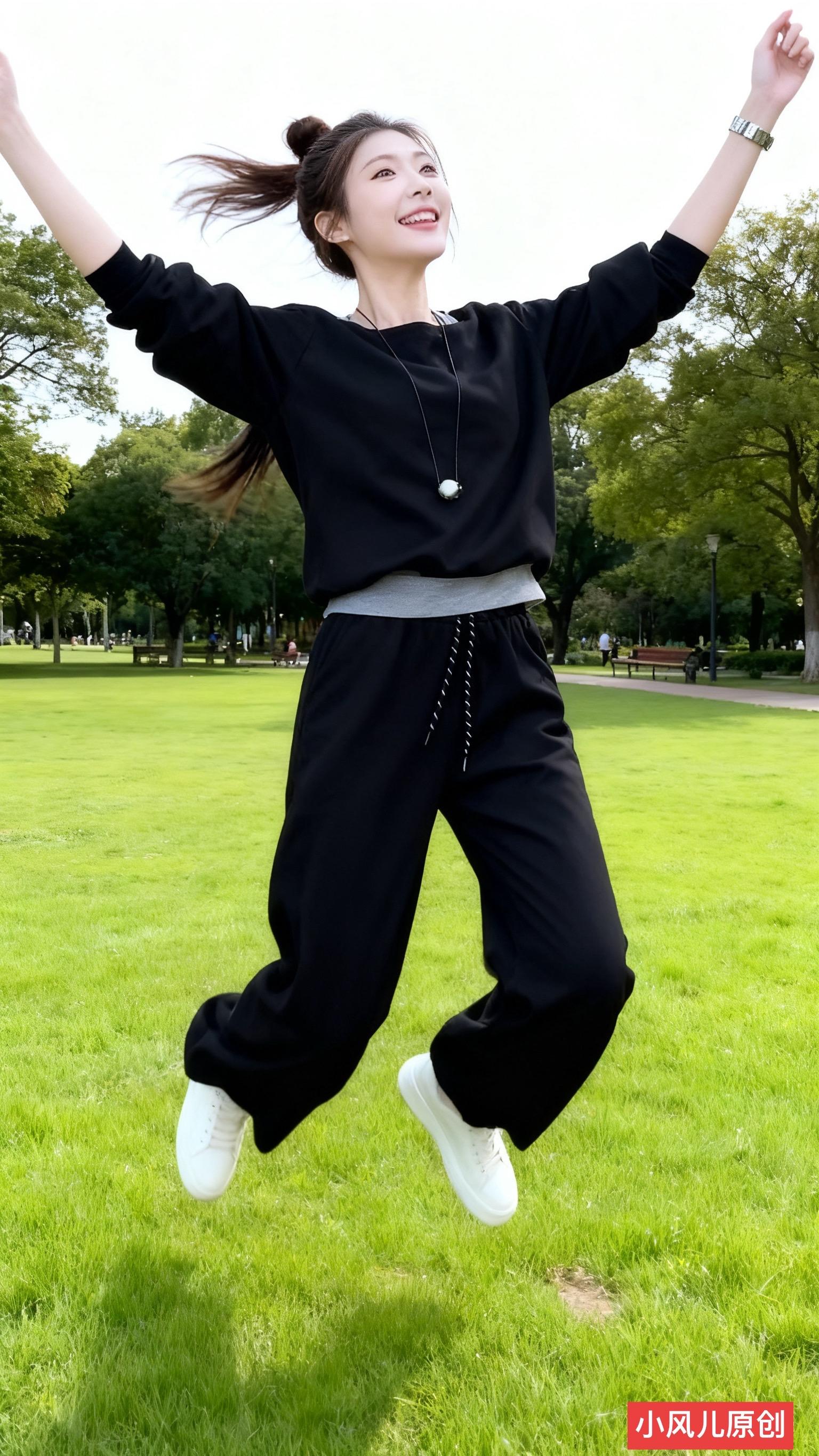 时尚休闲运动套装。春日公园绿草如茵，这套黑灰休闲装宽松舒适，运动风设计...