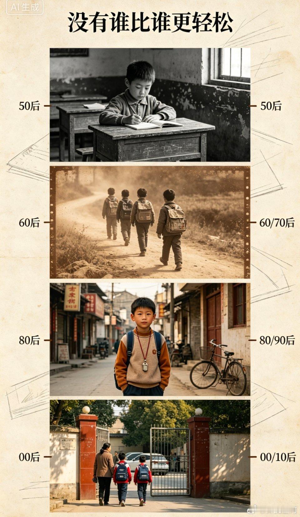 你羡慕他们没人管，他们羡慕你有选择。一代人有一代人的反差50后没条件上学，60、