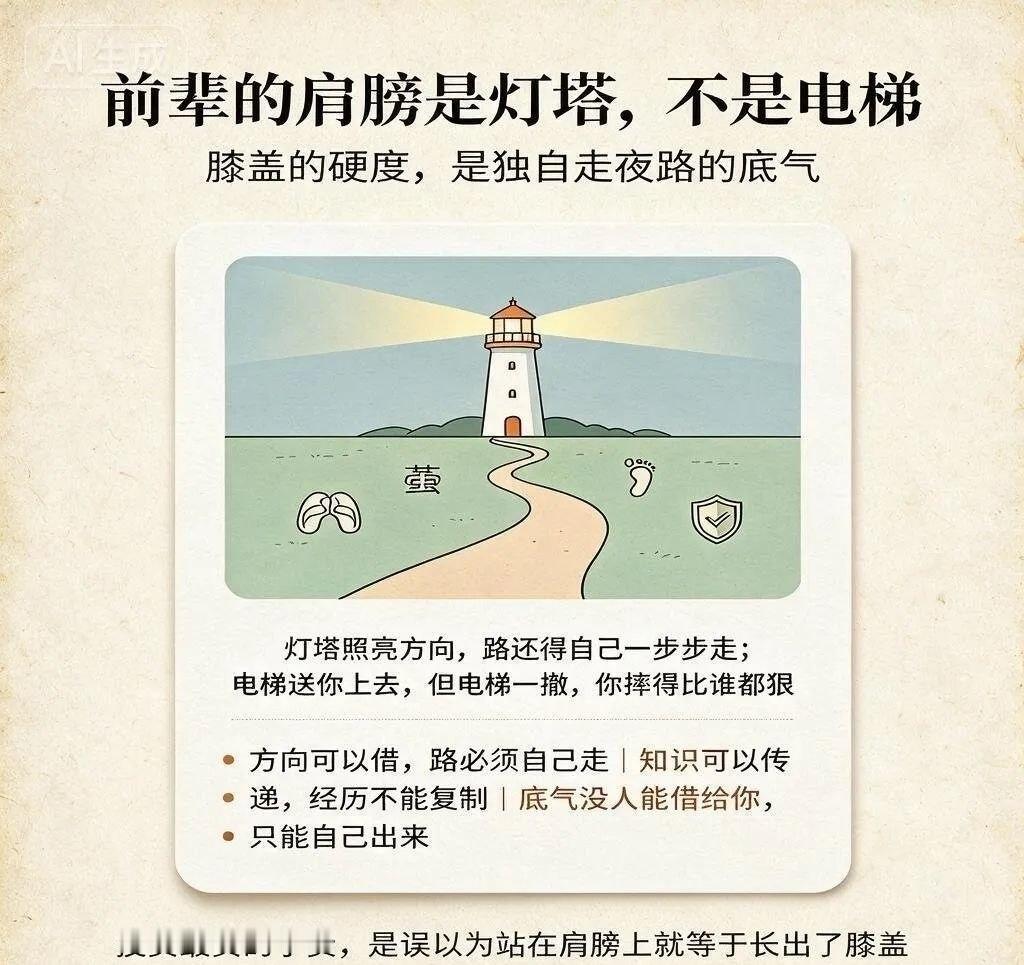 前辈的肩膀是灯塔，不是电梯。灯塔照亮方向，路还得自己一步步走；电梯送你上去，但电