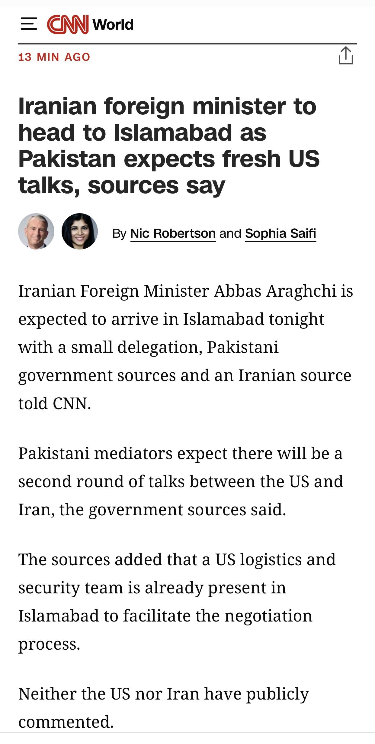 美媒：据消息人士称，伊朗外长将前往伊斯兰堡，巴基斯坦期待新一轮会谈

美国有线电