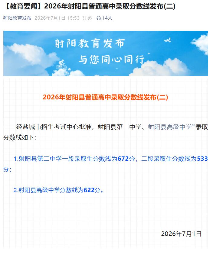 射阳教育发布第二批普通高中录取分数线，经盐城市招生考试中心核准，射阳县第二中学一