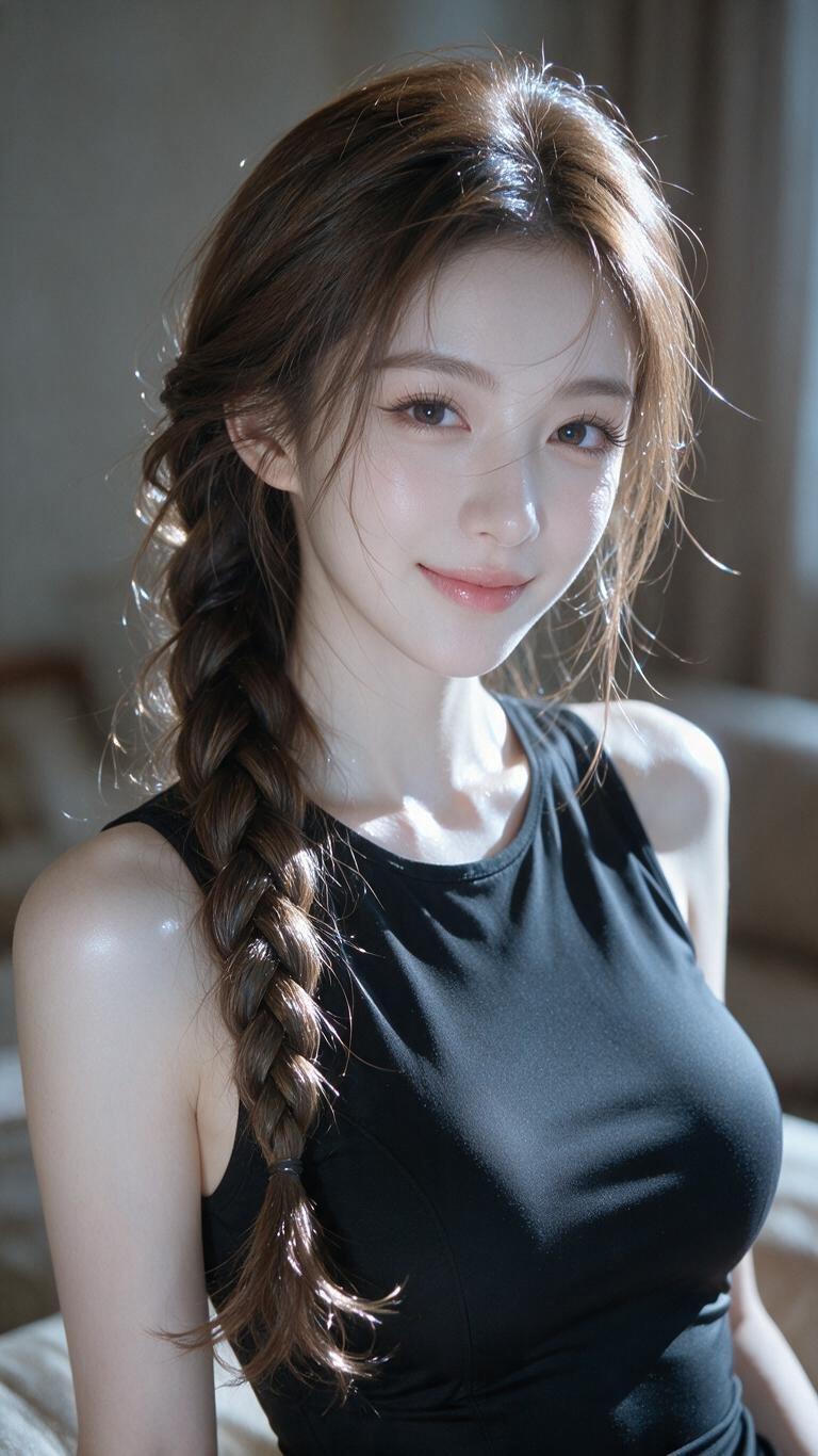 甜美少女风，黑发编辫，温柔笑容，简约时尚。长发辫发造型 森系辫发写真