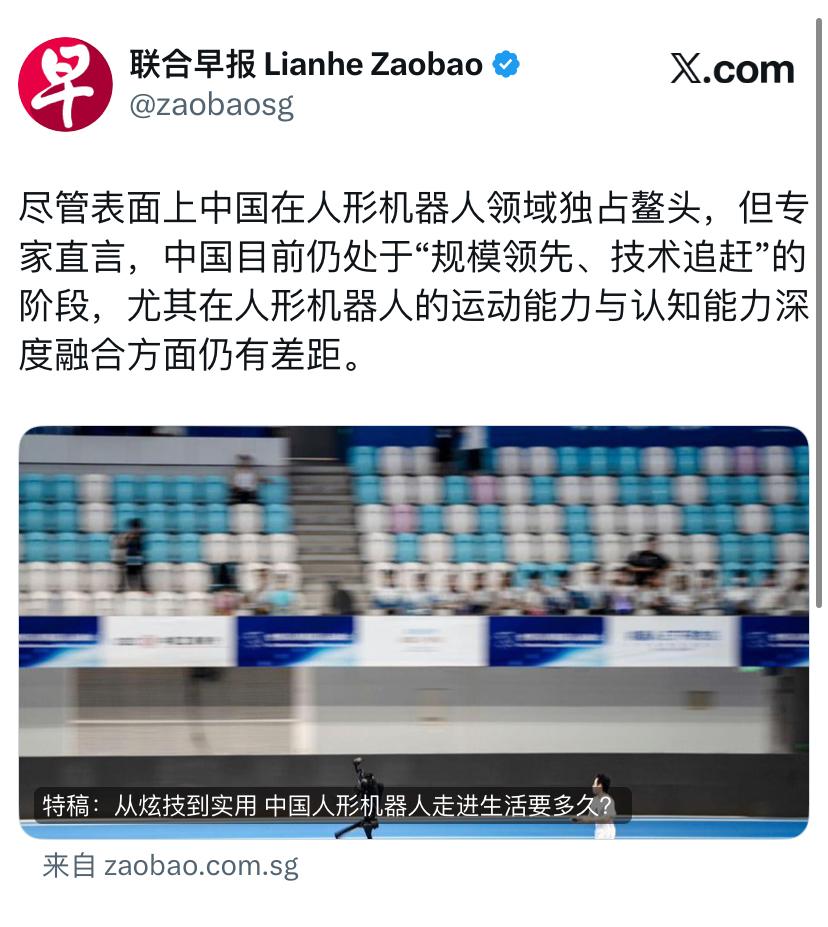 联合早报今天报道：“尽管表面上中国在人形机器人领域独占鳌头，但专家直言，中国目前