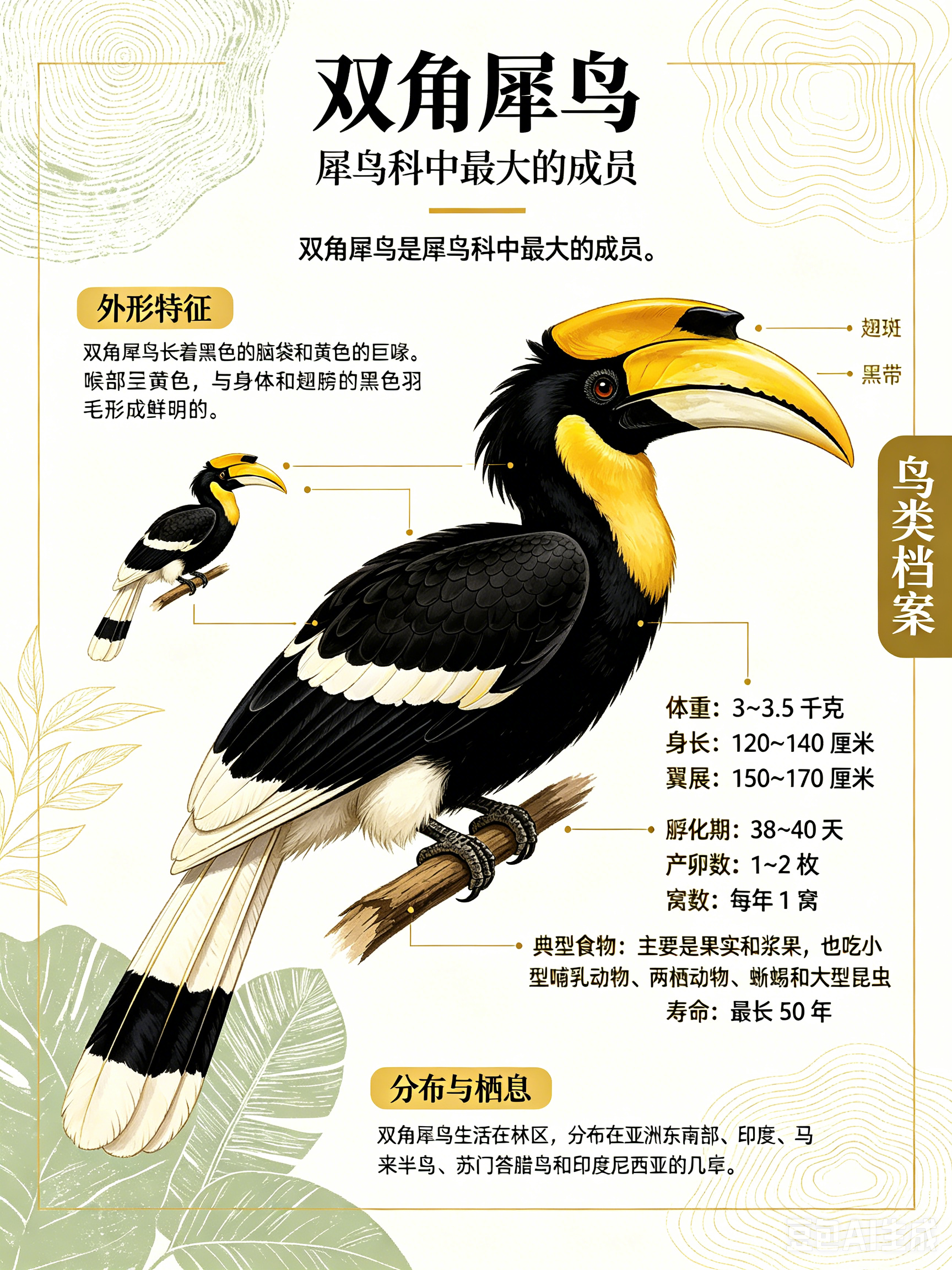 鸟类朋友图鉴 双角犀鸟双角犀鸟是犀鸟科中最大的成员。体重：3~3.5 千克身长：