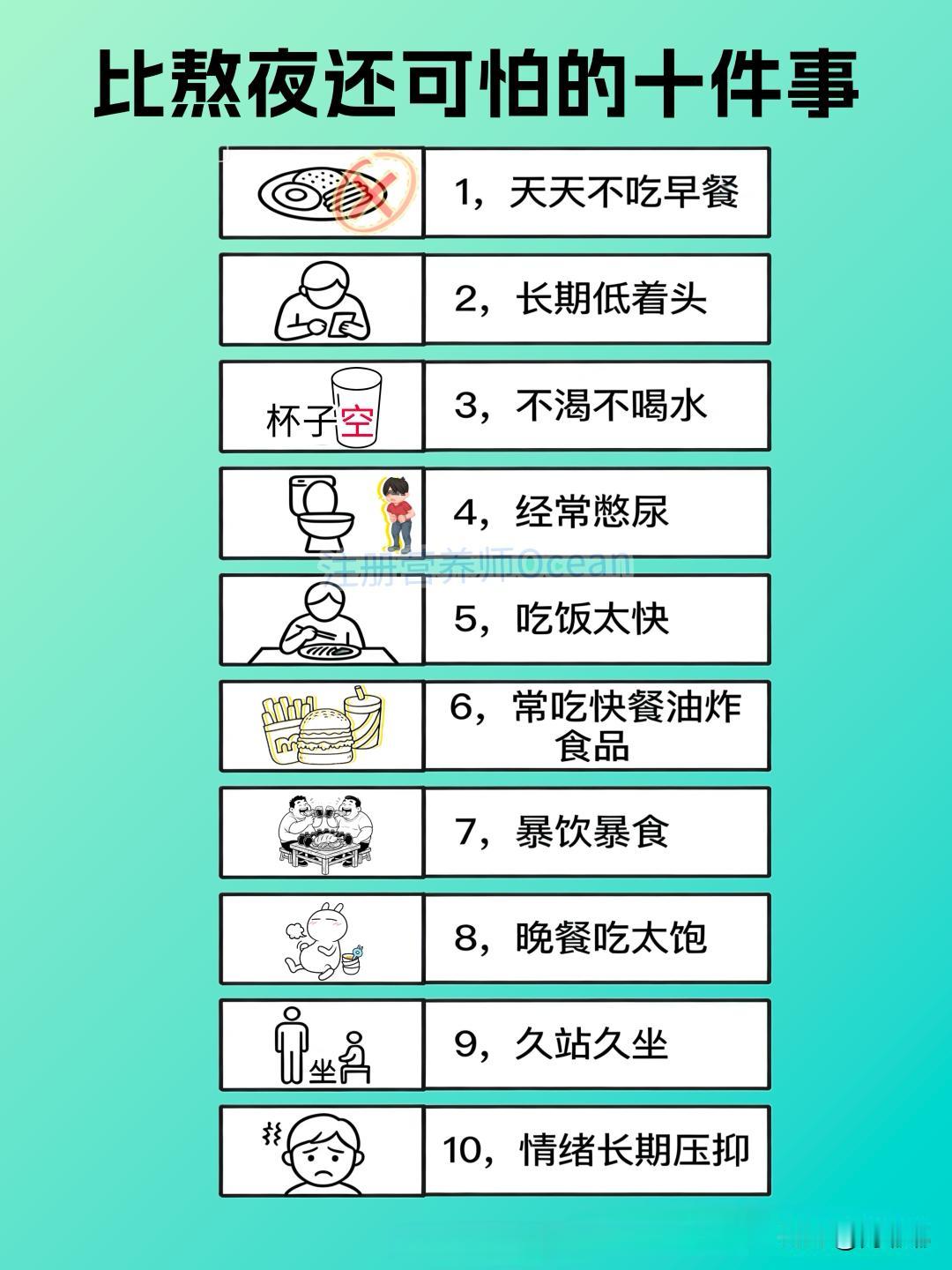 比熬夜还可怕的十件事。[祈祷]可怕的是经常熬夜，而且不少人有这种习惯。但是还有一