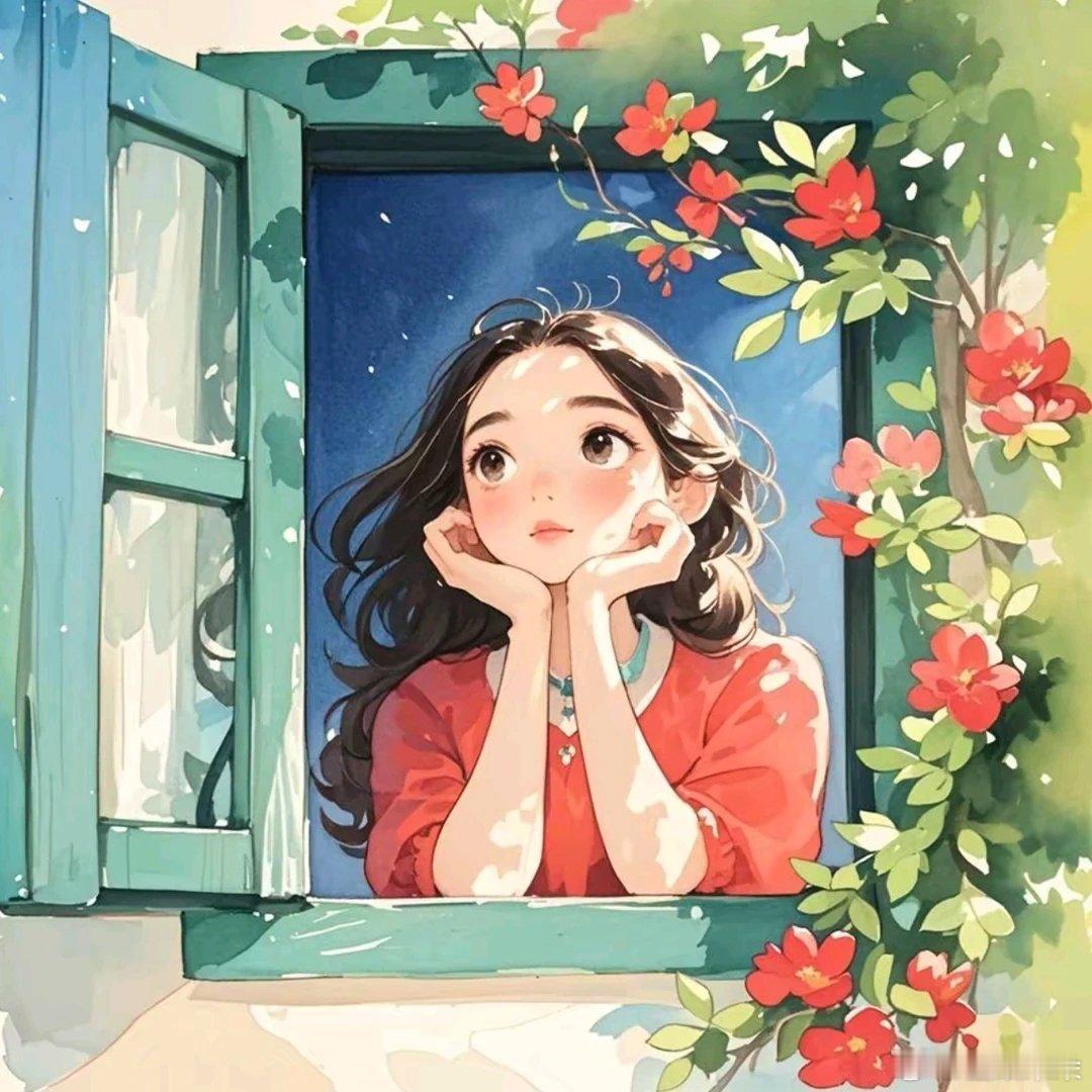 花海窗前托腮女孩插画头像 ​​​