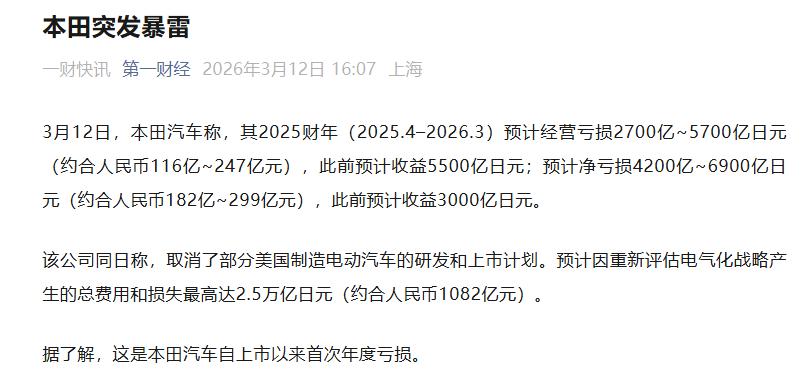 一声惊雷，炸响全球汽车行业。
本田预计2025财年最多将出现6900亿日元亏损，