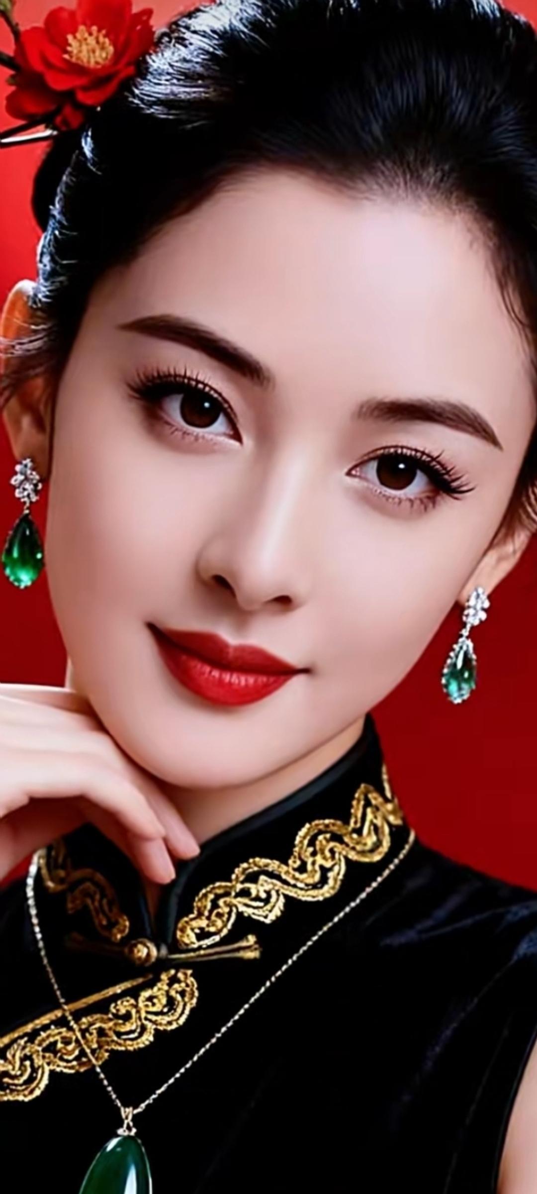 优雅红唇，复古旗袍，绿宝石耳环，东方美人！