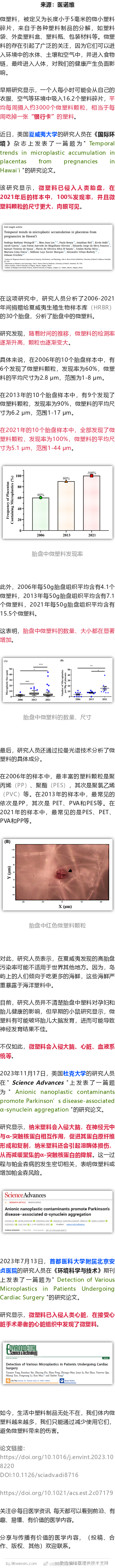 100%发现率，人类胎盘发现肉眼可见的微塑料，每人每周摄入的微塑料相当于一张“银