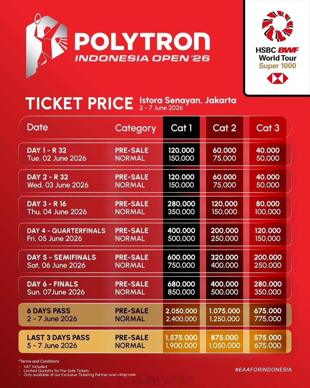 2026年印尼羽毛球公开赛 门票价格：*已换成人民币（单位：元）周二/周三早鸟票