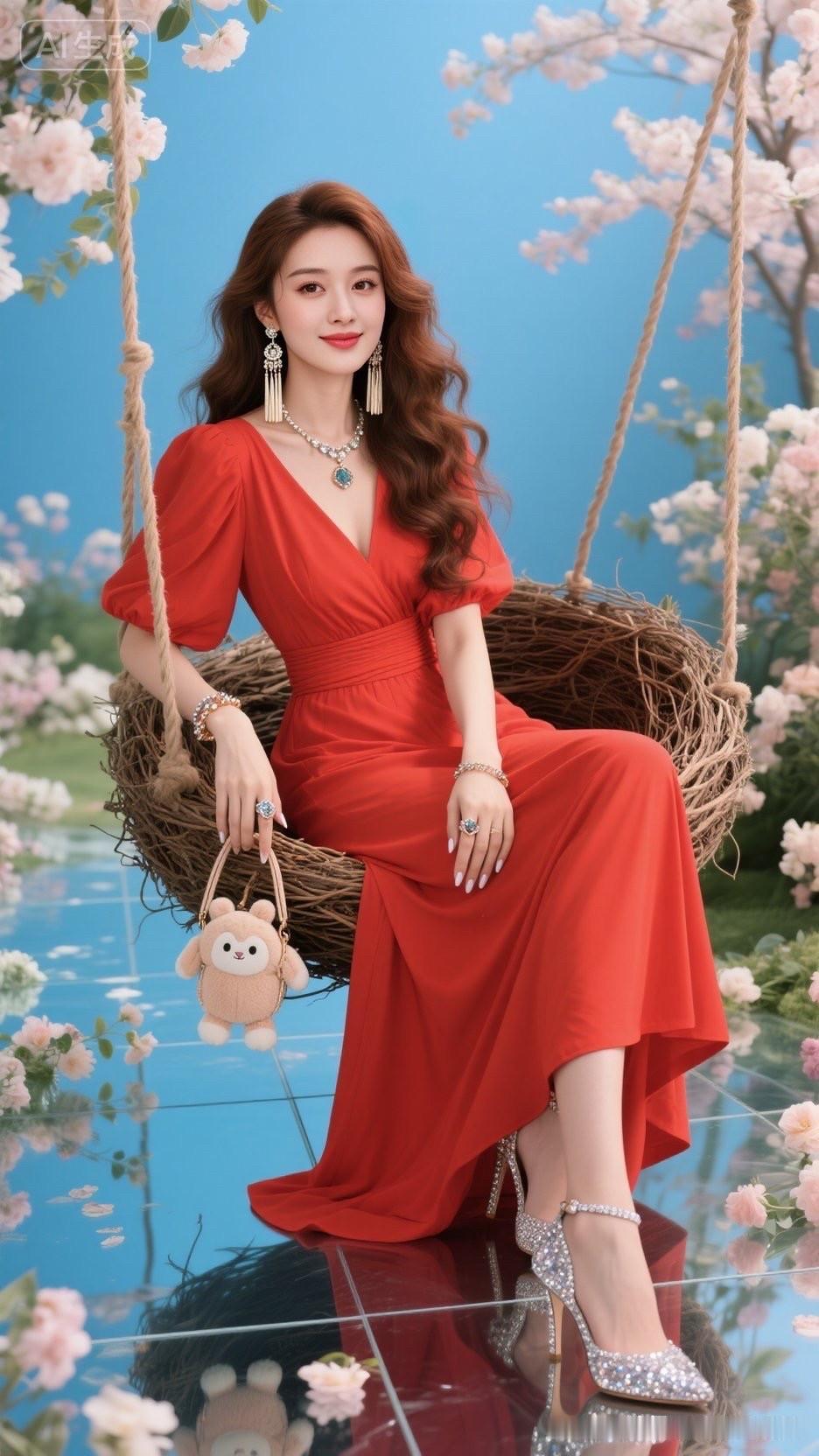 穿红裙子的美女坐在秋千上。