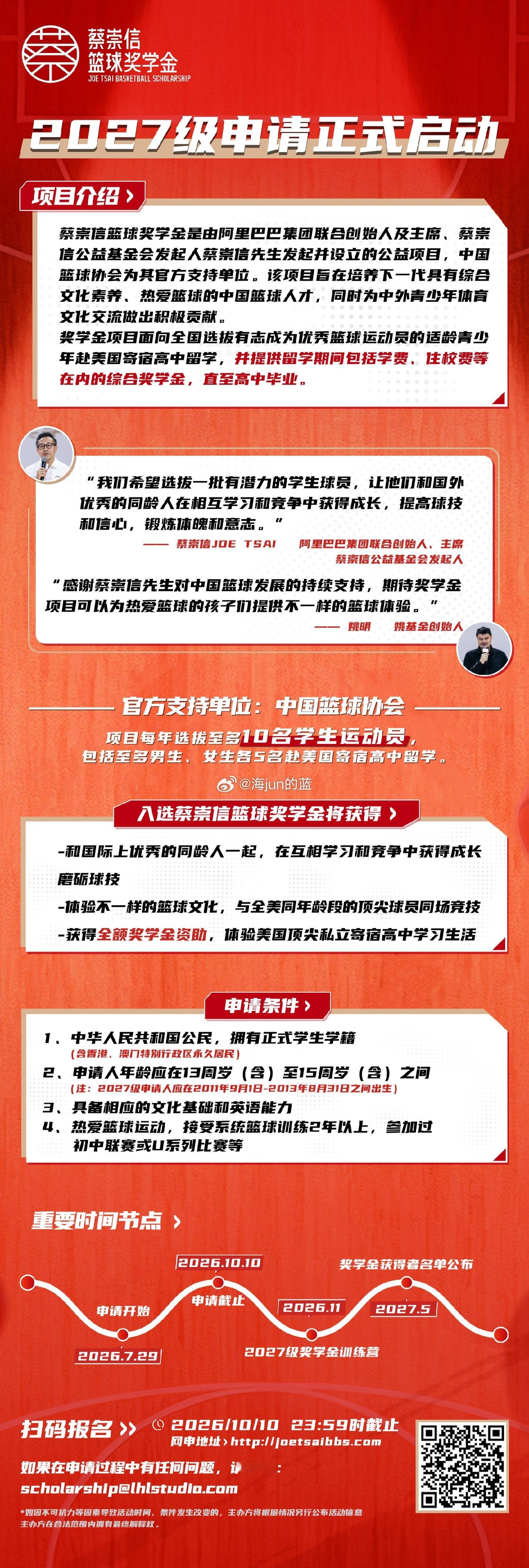 2027级蔡崇信篮球奖学金 项目正式启动！有意向的小朋友和家长赶紧按要求报名！