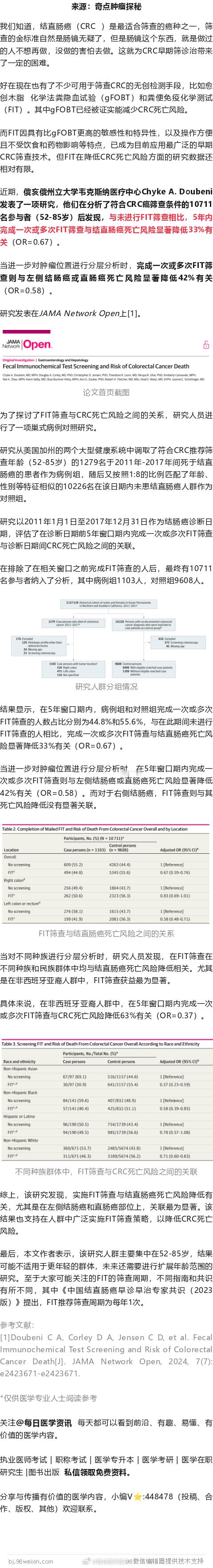 JAMA子刊：怕肠镜？选FIT！科学家发现，5年内至少做一次粪便免疫化学测试，与