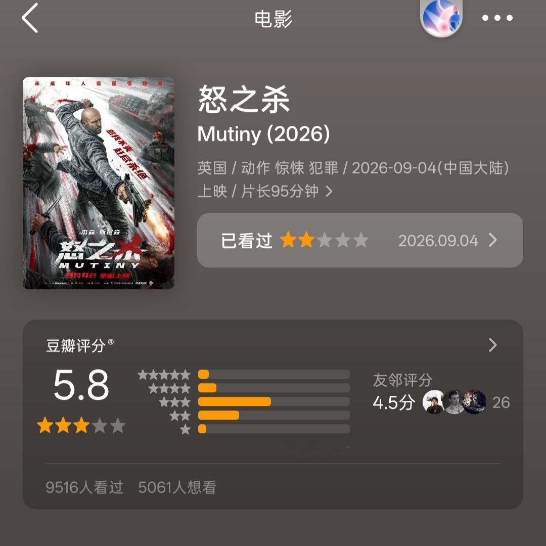上周末新片豆瓣开分：《杀死比尔》8.7分《燃烧吧！爸爸》6.8分《怒之杀》5.8