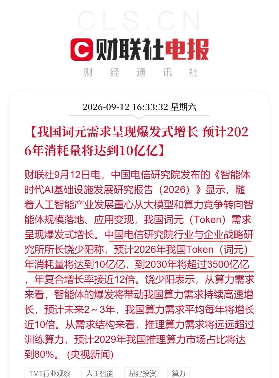 预计2026年我国Token年消耗量将达10亿亿
财联社9月12日电，中国电信研