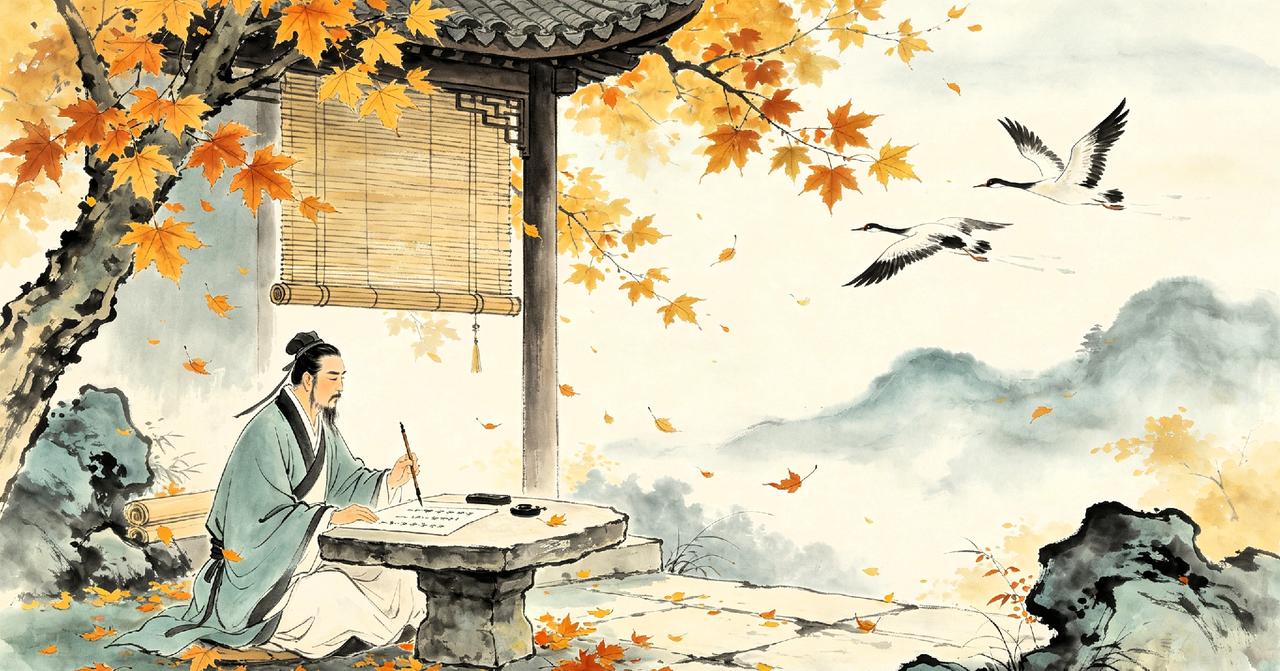 上联：再写秋诗聆叶落，
下联：重铺素纸候鸿来。
 简析
再写对重铺（重复动词），
