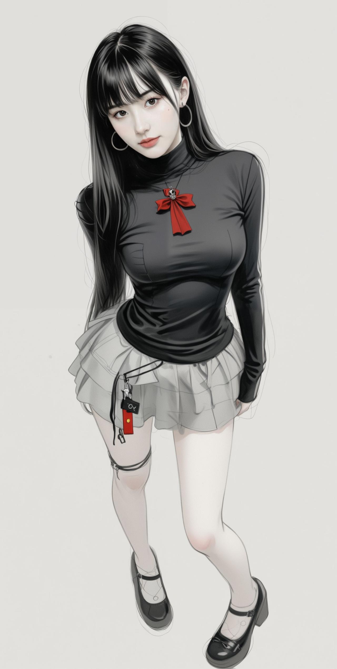 黑发红领结少女，时尚穿搭，甜美可爱！💖✨