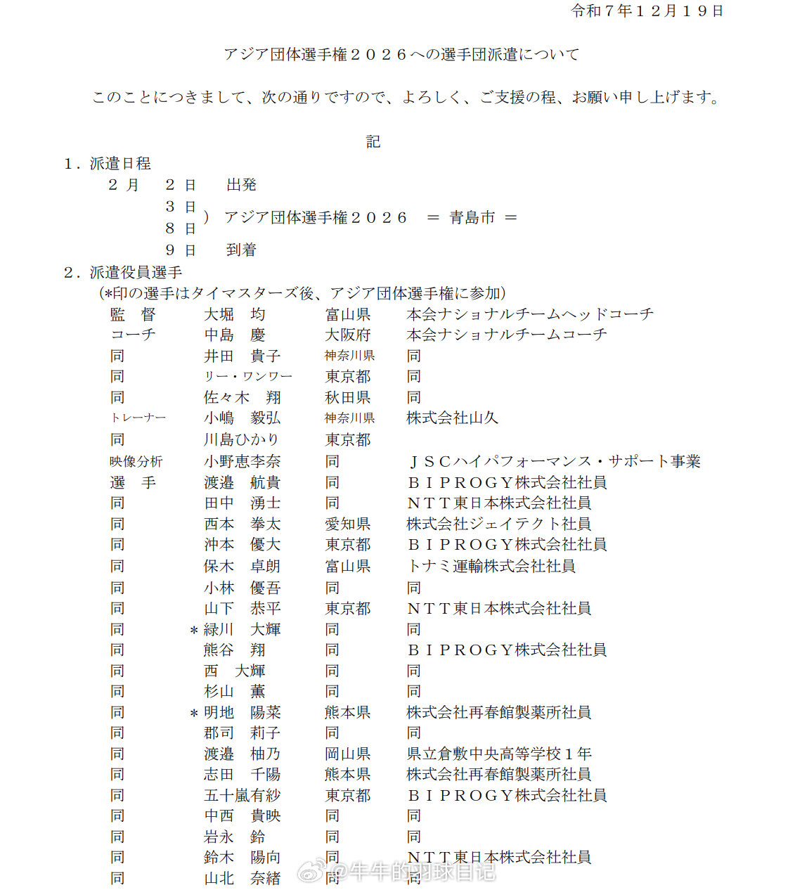 2026亚洲羽毛球混合团体锦标赛 2.3-8/青岛日本队名单：男团渡边航贵 田中