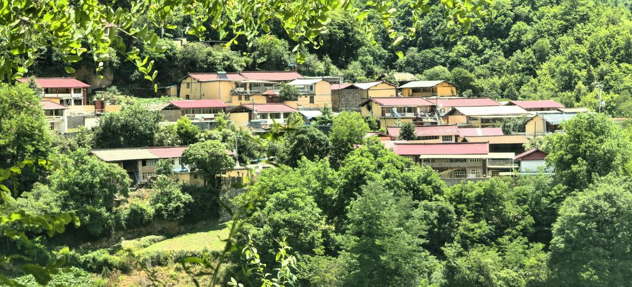山间小村庄，红顶煮墙，绿树环绕，风景如画。